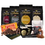 Koffiebonen Proefpakket - Koffie Cadeaupakket - 4 soorten Koffie, Tony's Chocolonely Karamel Zeezout, Cantuccini koekjes en Bekers