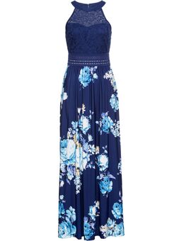 , Maxi jurk met bloemenprint en kant, blauw, Dames