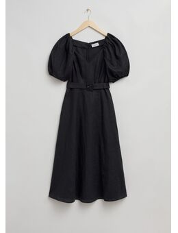 Linen Puff Sleeve Midi Dress Black Alledaagse jurken in maat 34