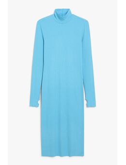 Turquoise Low Turtleneck Ribbed Dress Alledaagse jurken in maat XS