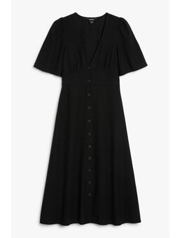 Zwarte Linnen Midi Jurk Met Korte Mouwen Zwart Alledaagse jurken in maat 34. Kleur: Black