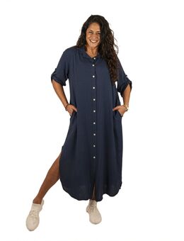 Donkerblauwe lange linnen/viscose jurk van