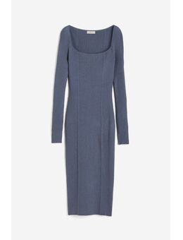 H & M - Ribgebreide jurk met vierkante hals - Blauw