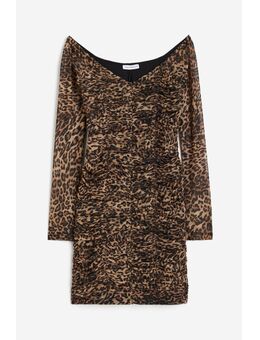 H & M - Schoudervrije Mesh Mini-jurk Met Ruches - Bruin