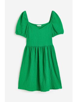 H & M - Tricot jurk met structuurdessin en pofmouwen - Groen
