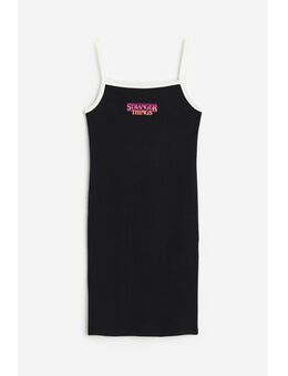 H & M - Geribde jurk met print - Zwart