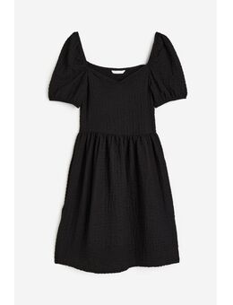 H & M - Tricot jurk met structuurdessin en pofmouwen - Zwart