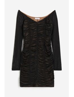 H & M - Schoudervrije Mesh Mini-jurk Met Ruches - Zwart