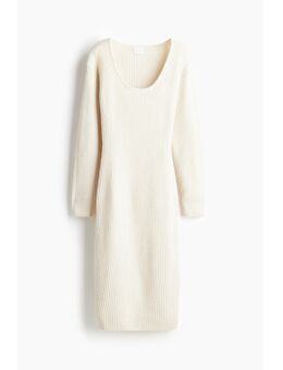 H & M - Ribgebreide jurk met diepe hals - Beige