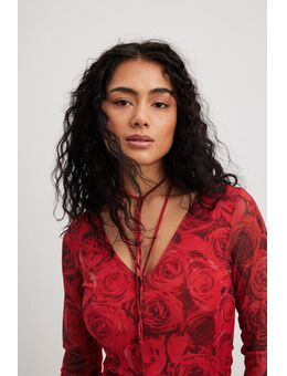 Mesh mini-jurk met diepe halslijn - Red,Flower