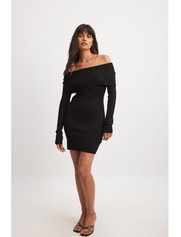 Omgeslagen off-shoulder gebreide mini-jurk - Black