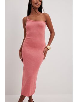 Gebreide midi-jurk met glitters en one-shoulder - Pink