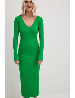 Geribde midi-jurk met V-hals - Green