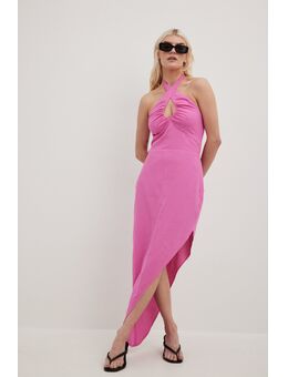 Schuinlopende jurk met halternek - Pink
