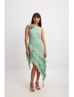 Asymmetrische midi-jurk van chiffon met ruches en rafels - Green