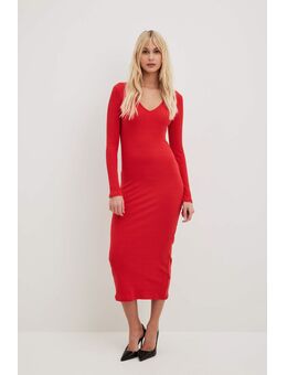 Geribde midi-jurk met V-hals - Red