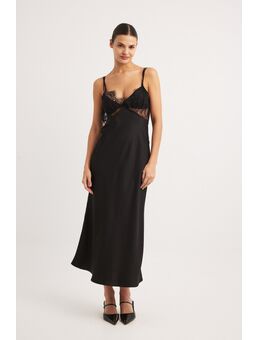Midi-jurk met satijnen kanten detail - Black
