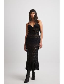 Draped Lace Midi Dress - Black
