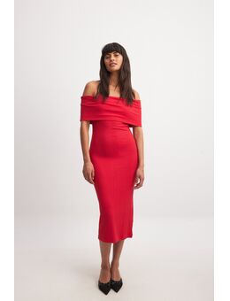 Geribde midi-jurk met off-shoulder - Red