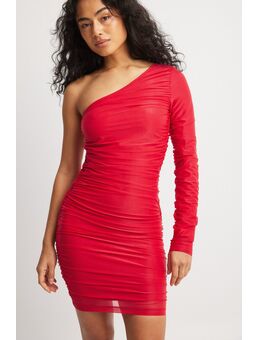 Mini-jurk met one-schouder en rafels - Red