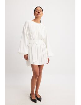 Pleated Woven Balloon Sleeve Mini Dress - White