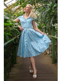 Topvintage exclusive ~ Angie swing jurk in licht blauw met lieveheersbeestjes print
