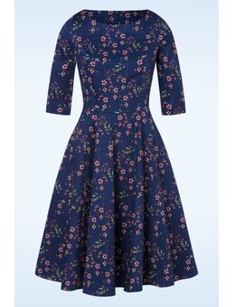 Adriana Pink Blossom swing jurk in navyblauw