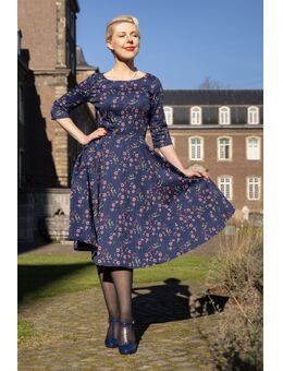 Adriana Pink Blossom swing jurk in navyblauw