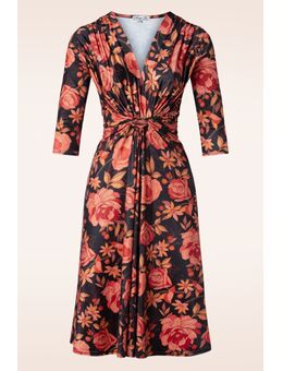 Luna knotted floral swing jurk in zwart en oranje