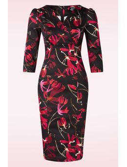 Lyla Floral pencil jurk in zwart en rood