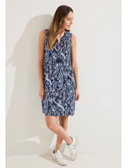 Dames Crêpe jurk met golfprint in Blauw, Gr: XS