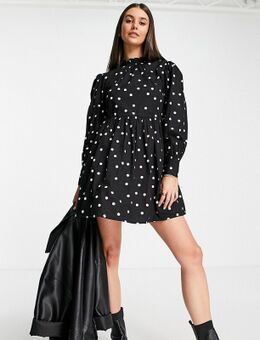 Katoenen mini-jurk met stroken in zwart met witte stippen