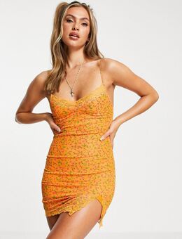Cami mini-jurk in oranje bloemenprint met kanten rand