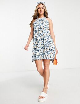 Mini jurk met halternek en bloemenprint in blauw-Veelkleurig