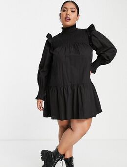 Violet Romance Plus - Hoogsluitende katoenen mini-jurk met gesmokte voorkant in zwart