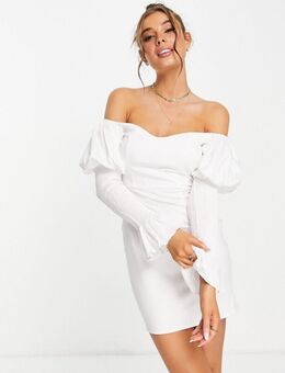 Mini-jurk met blote schouders en pofmouwen in crème-Wit