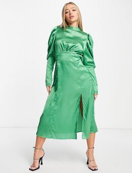 Hooggesloten midi-jurk van satijn met split in groen