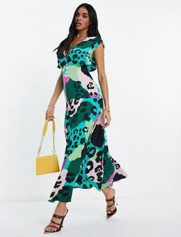 Maxi-jurk met diepuitgesneden voorkant en dierenprint in multi-Veelkleurig