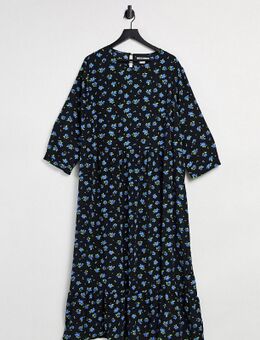 Gesmokte midi jurk met bloemenprint van vergeet-mij-nietjes-Zwart