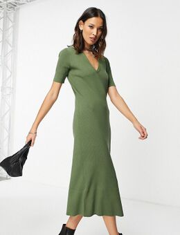 Inspired - Gebreide midi jurk in zacht kaki-Groen