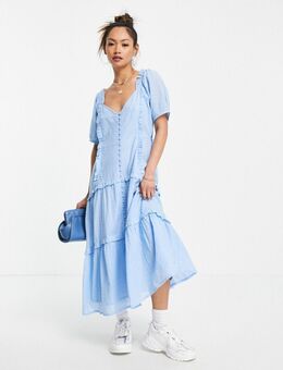 Midi jurk in melkmeisjesstijl met ruches aan de zoom-Blauw