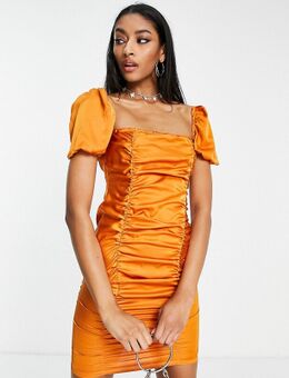 Mini-jurk van satijn met vierkante hals in oranje