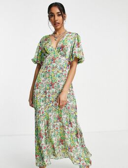 Midaxi jurk van duurzame mix met getekende bloemenprint in groen