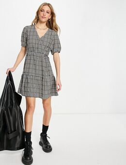 Mini jurk met overslag in pied-de-poule-Zwart