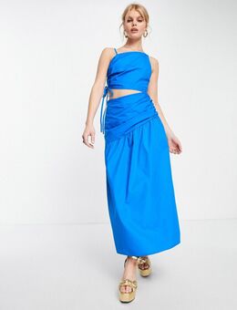 Poplin midi jurk met gerimpelde taille met uitsnijding in kobaltblauw