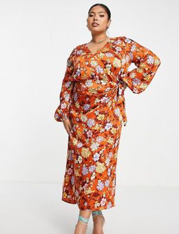 ASOS DESIGN Curve - Satijnen maxi-jurk met overslag in jaren 70 bloemenprint-Veelkleurig