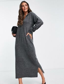 Gebreide midi trui-jurk met open kraag in grijs