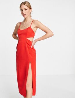 Midi-jurk met structuur en uitsnijding aan de zijkanten in rood