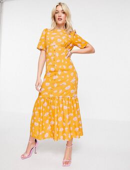Nette midi-jurk met strook in oranje met bloemenprint-Veelkleurig
