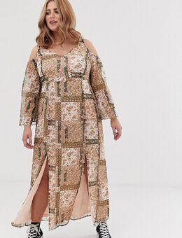 Schouderloze lange jurk met sjaalprint-Multi